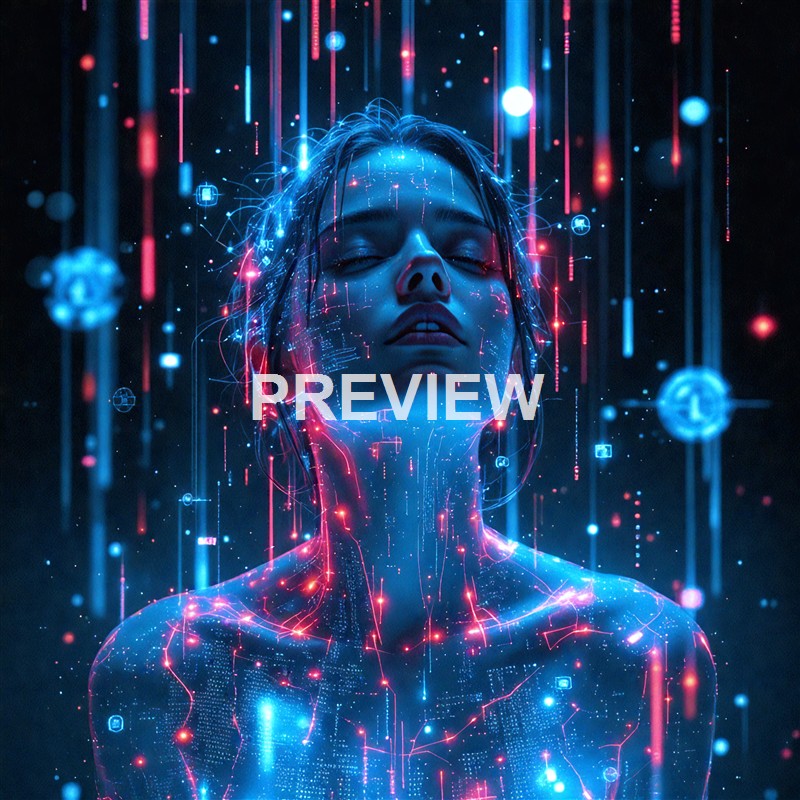 A woman with her eyes closed is surrounded by glowing digital lines, symbols, and data points, creating a futuristic and cybernetic visual effect.